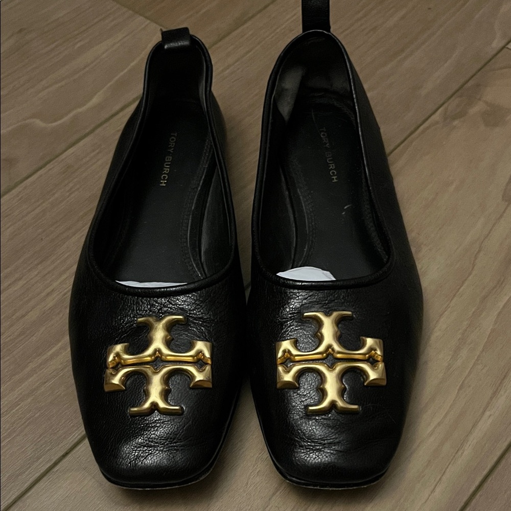 Tory Burch Black Leather Flats with Gold Logo